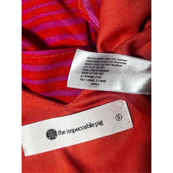 The Impeccable Pig Sleeveless Silky Striped Romper Size Small Pink and Orange - Picture 4 of 4